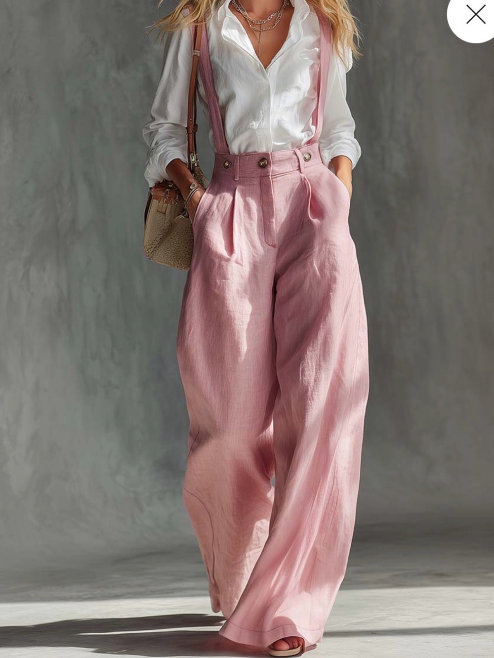 High-Waist Pink Wide-Leg Suspender Pants